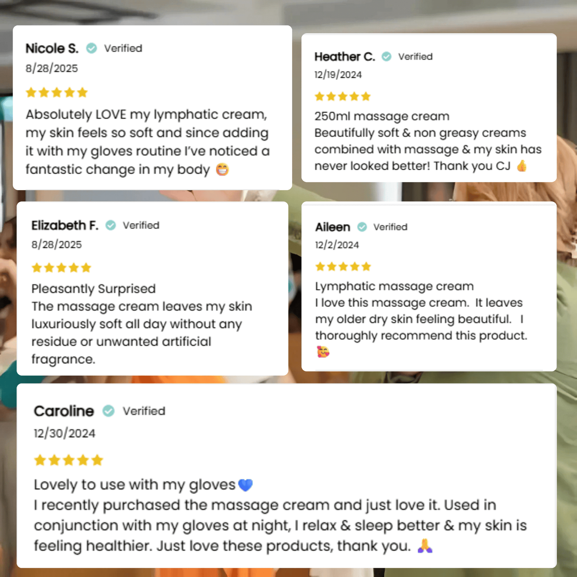 Reviews of a lymphatic massage cream with positive feedback from customers.