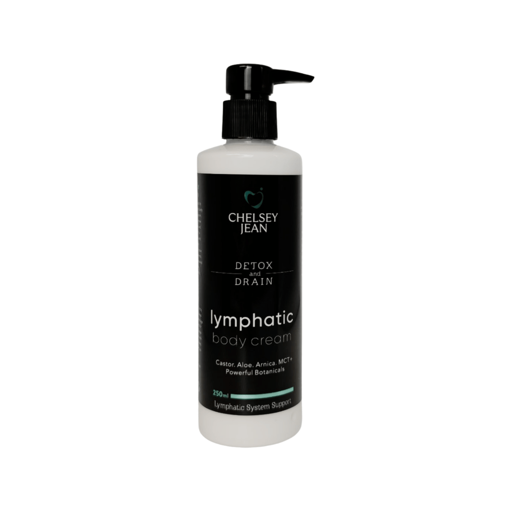 Bottle of Chelsey Jean lymphatic body cream on a white background