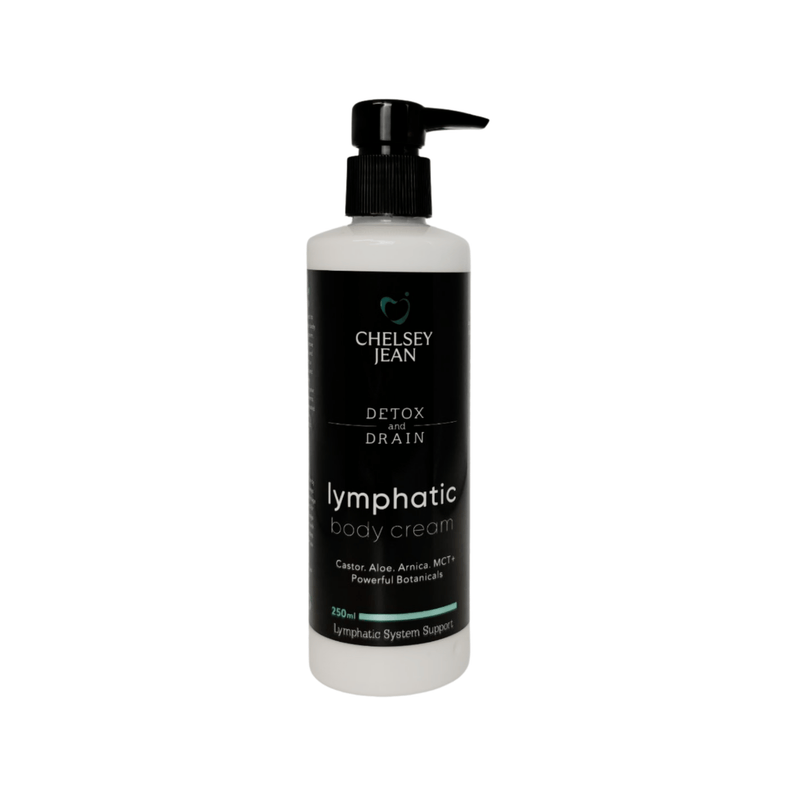 Bottle of Chelsey Jean lymphatic body cream on a white background
